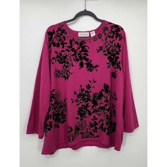 Alfred Dunner Sweater Oscar Night Fuchsia Pink Size 2X Velvet Floral Jewel Neck - Picture 1 of 12